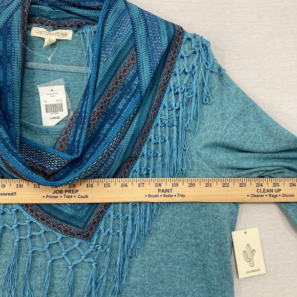 New Cactus + Pearl Large Blue 3/4 Sleeve Stretch Knit Scarf Boho Print Top - Picture 5 of 8